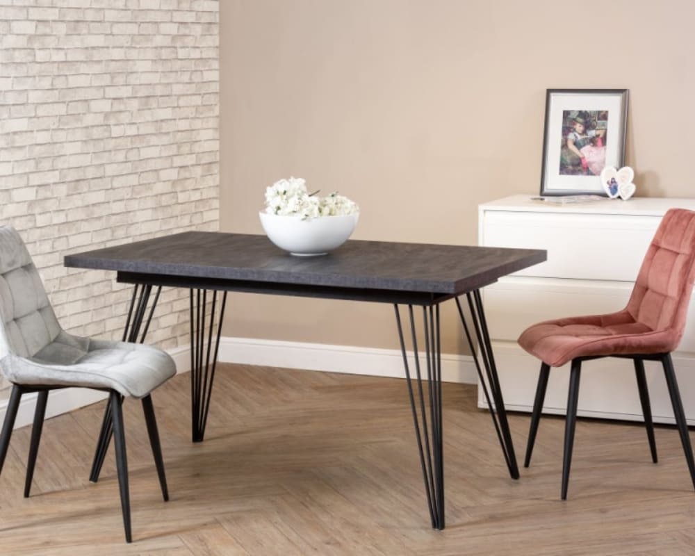 Раздвижной обеденный стол Фьюжн от ДЭФО. Столешница ЛДСП и металлические опоры. Механизм раздвижения «бабочка»